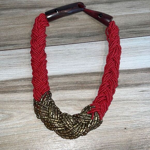 Ethnic Multistrand Red Bead Necklace With Wood Hook Closure - Picture 1 of 8